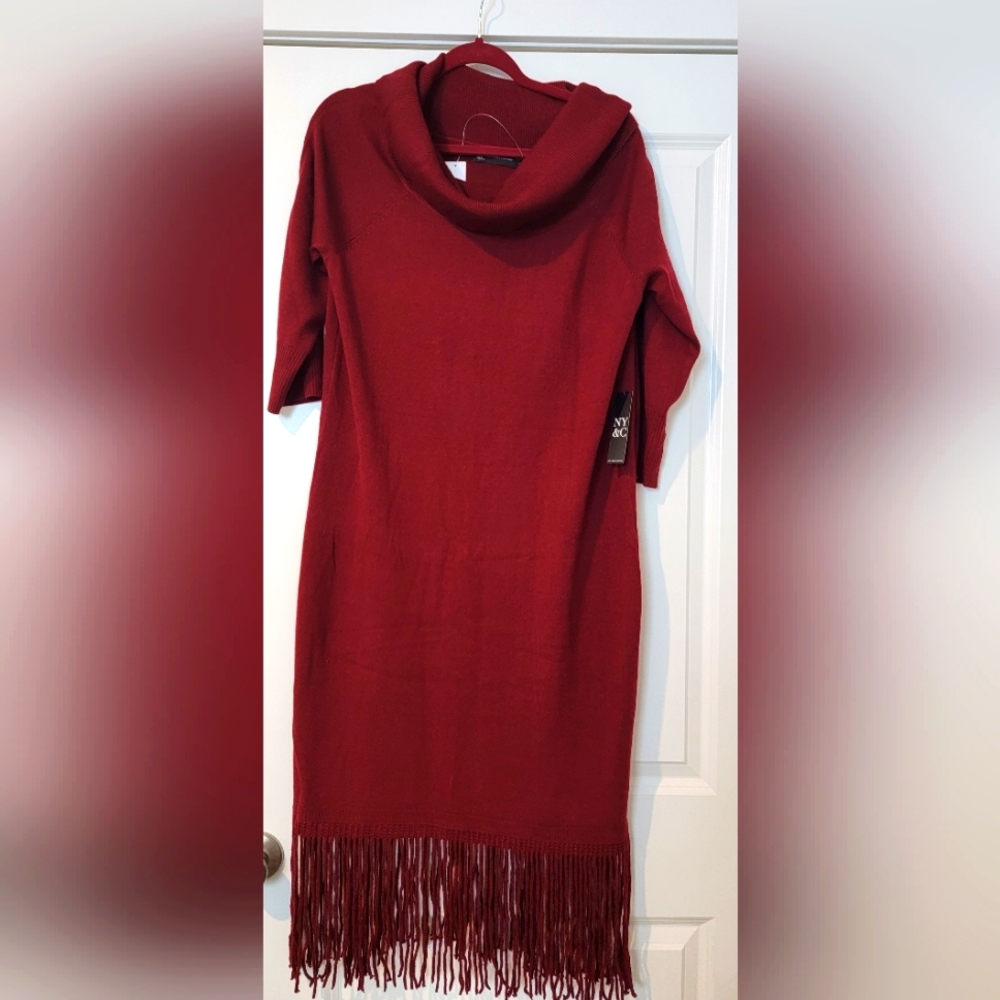 NY and Co Cowl neck, sweater dress with fring. Size XL NWT